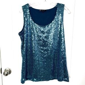 Anne Klein Wms XL Teal Sequin Mesh Scoop Neck Tank Top Lined Glam Social Casual